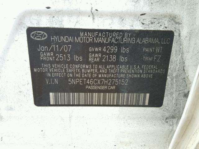 5NPET46CX7H275152 - 2007 HYUNDAI SONATA GLS WHITE photo 10