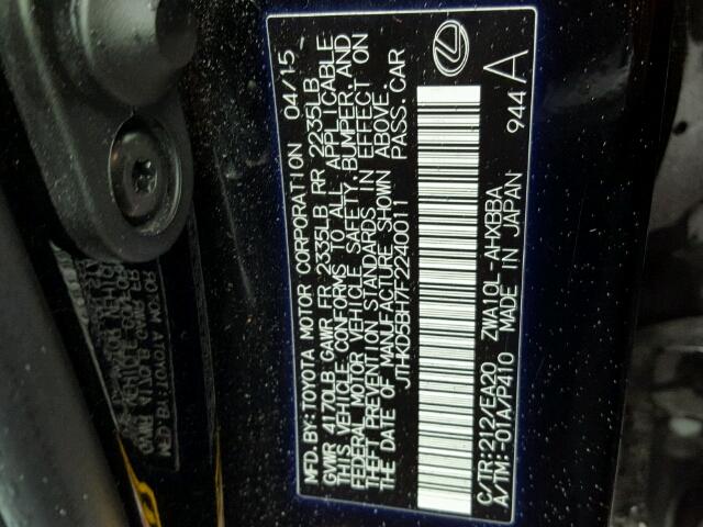 JTHKD5BH7F2240011 - 2015 LEXUS CT 200 BLACK photo 10