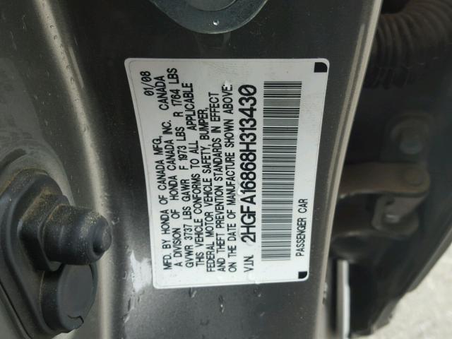 2HGFA16868H313430 - 2008 HONDA CIVIC EX 灰色 照片 10