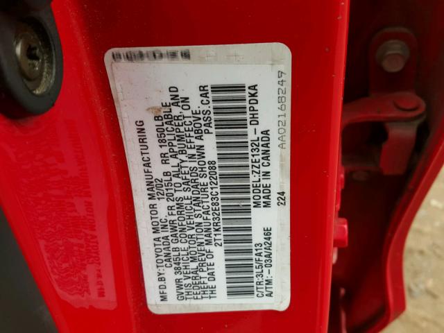 2T1KR32E83C122088 - 2003 TOYOTA COROLLA MA RED photo 10