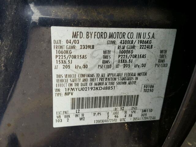 1FMYU02193KD48851 - 2003 FORD ESCAPE XLS BLUE photo 10