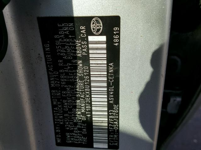 4T1BF3EKXBU126120 - 2011 TOYOTA CAMRY BASE SILVER photo 10