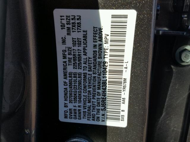 5J6RE4H43BL110429 - 2011 HONDA CR-V SE GRAY photo 10