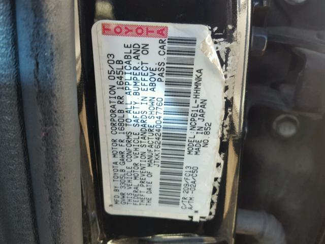 JTKKT624240047760 - 2004 TOYOTA SCION XA BLACK photo 10