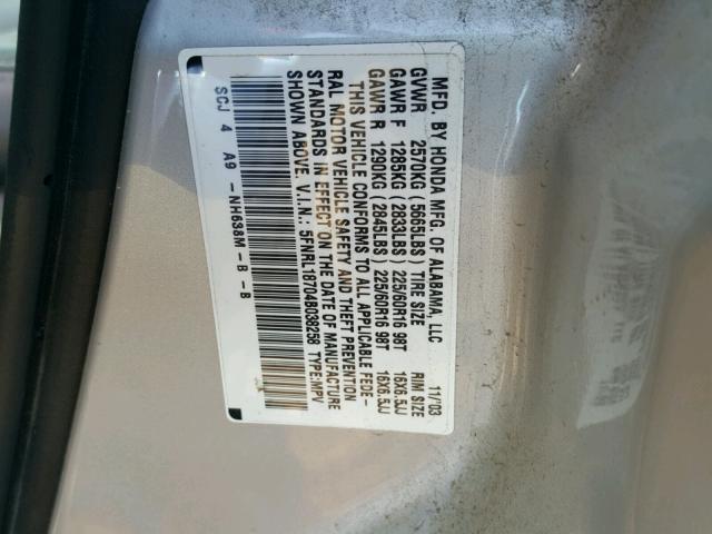 5FNRL18704B038258 - 2004 HONDA ODYSSEY EX SILVER photo 10