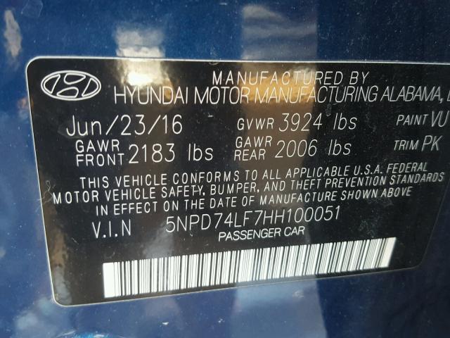 5NPD74LF7HH100051 - 2017 HYUNDAI ELANTRA SE BLUE photo 10