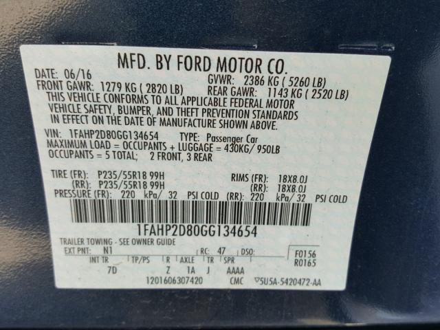 1FAHP2D80GG134654 - 2016 FORD TAURUS SE BLUE photo 10