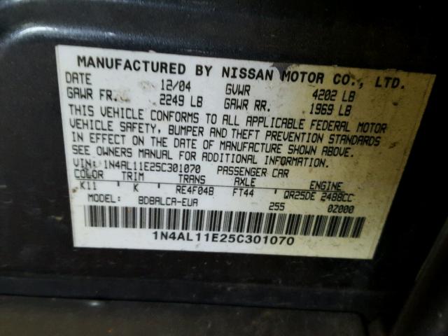 1N4AL11E25C301070 - 2005 NISSAN ALTIMA S GRAY photo 10