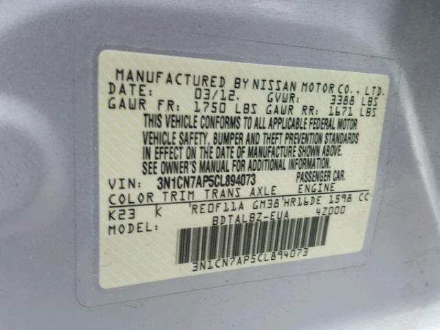 3N1CN7AP5CL894073 - 2012 NISSAN VERSA S SILVER photo 10