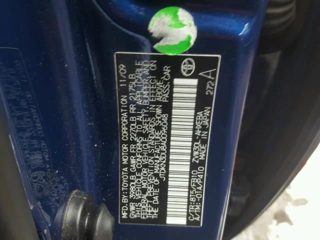 JTDKN3DU8A0096048 - 2010 TOYOTA PRIUS BLUE photo 10