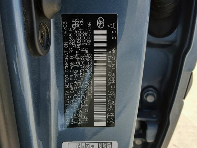 JTDBE32KX30232233 - 2003 TOYOTA CAMRY LE BLUE photo 10