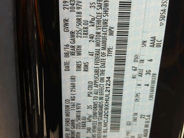 5LMCJ2C9XHUL21234 - 2017 LINCOLN MKC SELECT შავი ფოტო 10