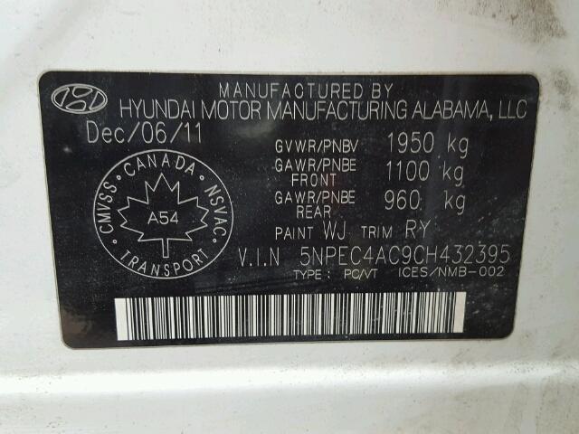 5NPEC4AC9CH432395 - 2012 HYUNDAI SONATA SE WHITE photo 10