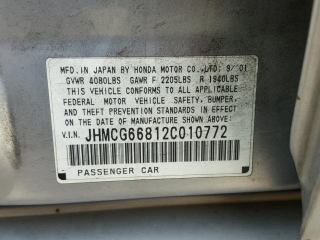 JHMCG66812C010772 - 2002 HONDA ACCORD EX SILVER photo 10