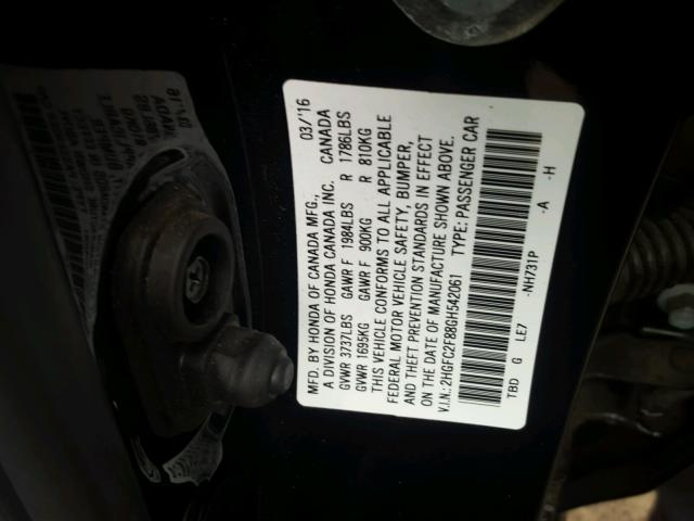 2HGFC2F88GH542061 - 2016 HONDA CIVIC EX შავი ფოტო 10