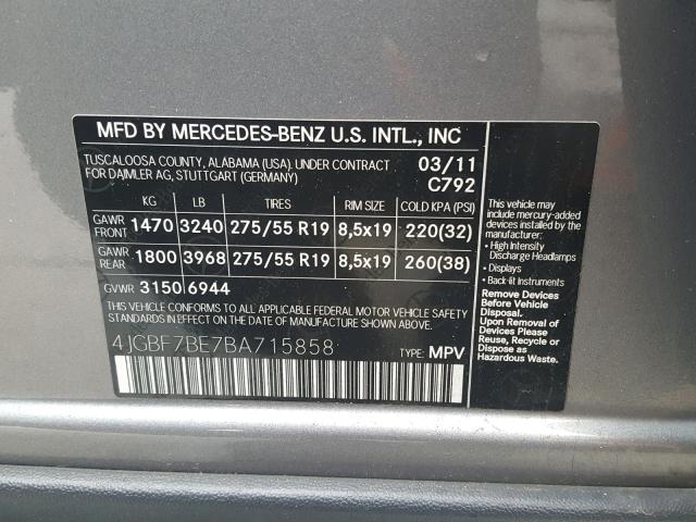 4JGBF7BE7BA715858 - 2011 MERCEDES-BENZ GL 450 4MA GRAY photo 10