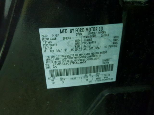 2FMDK48C87BA93968 - 2007 FORD EDGE SEL BLACK photo 10