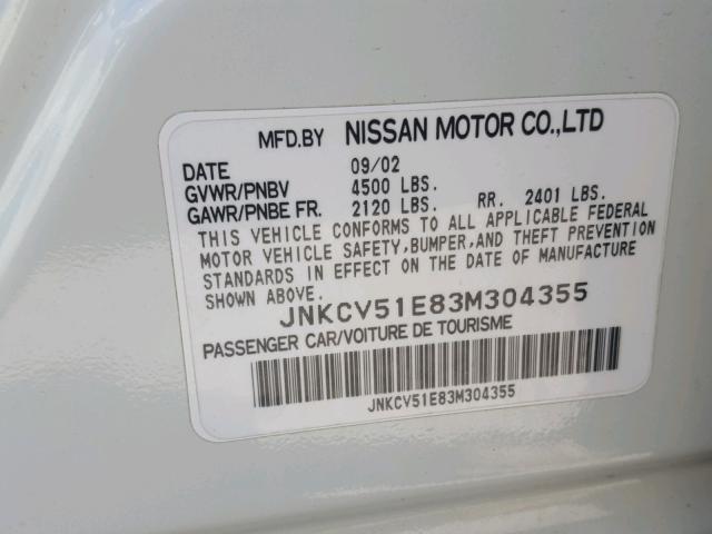 JNKCV51E83M304355 - 2003 INFINITI G35 WHITE photo 10