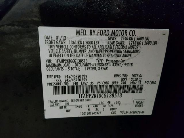 1FAHP2KT0CG138513 - 2012 FORD TAURUS SHO BLACK photo 10