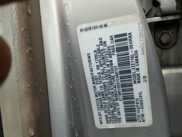 2T1BR12E91C469737 - 2001 TOYOTA COROLLA CE SILVER photo 10