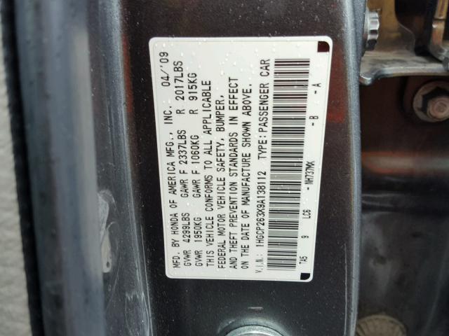 1HGCP263X9A138112 - 2009 HONDA ACCORD LX GRAY photo 10