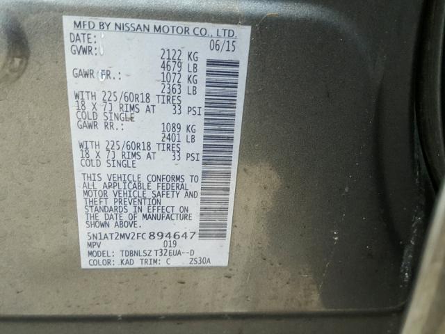 5N1AT2MV2FC894647 - 2015 NISSAN ROGUE S GRAY photo 10