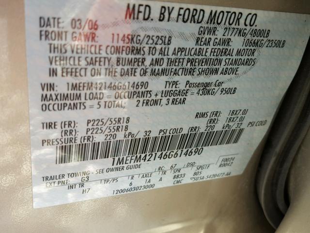 1MEFM42146G614690 - 2006 MERCURY MONTEGO PR 米色 照片 10