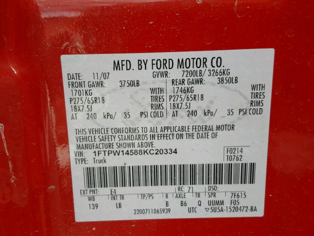 1FTPW14588KC20334 - 2008 FORD F150 SUPER RED photo 10