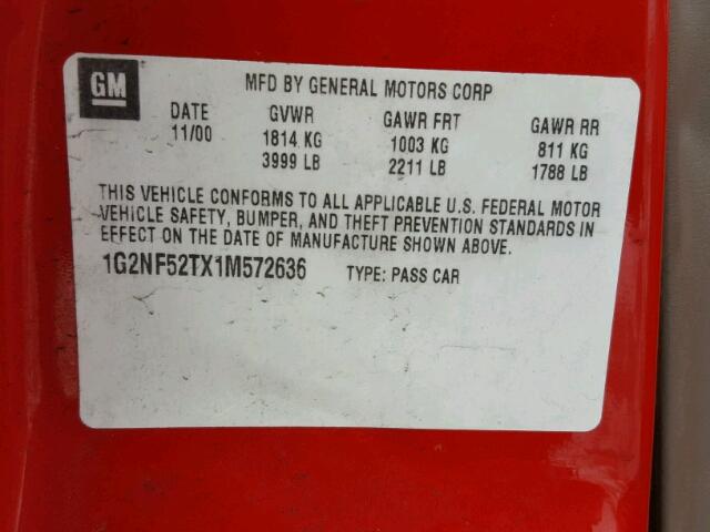 1G2NF52TX1M572636 - 2001 PONTIAC GRAND AM S წითელი ფოტო 10