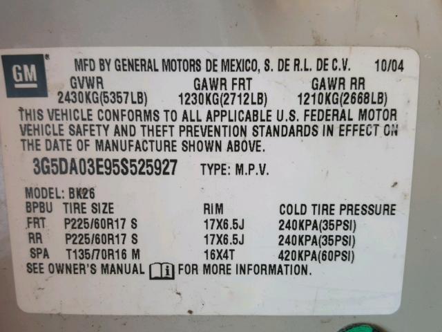 3G5DA03E95S525927 - 2005 BUICK RENDEZVOUS WHITE photo 10