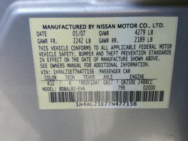 1N4AL21E77N477156 - 2007 NISSAN ALTIMA 2.5 SILVER photo 10