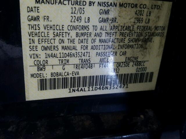 1N4AL11D46N352471 - 2006 NISSAN ALTIMA S BLUE photo 10