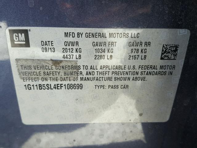 1G11B5SL4EF108699 - 2014 CHEVROLET MALIBU LS ლურჯი ფოტო 10