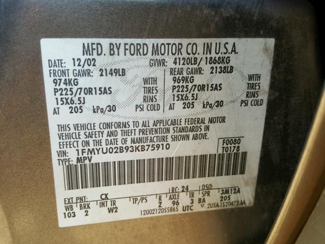 1FMYU02B93KB75910 - 2003 FORD ESCAPE XLS GRAY photo 10