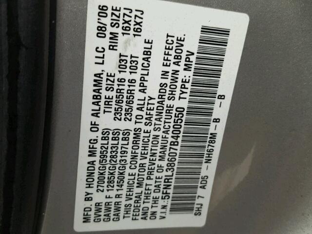 5FNRL38607B400550 - 2007 HONDA ODYSSEY EX SILVER photo 10