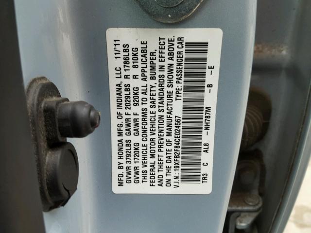 19XFB2F84CE024567 - 2012 HONDA CIVIC EX BLUE photo 10