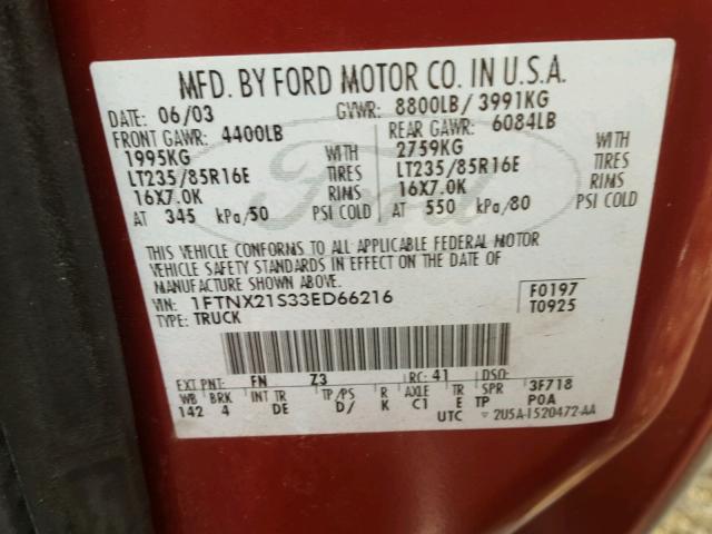 1FTNX21S33ED66216 - 2003 FORD F250 SUPER RED photo 10