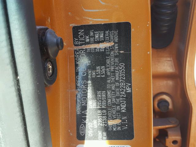 KNDJT2A22B7231550 - 2011 KIA SOUL +/!/S ORANGE photo 10