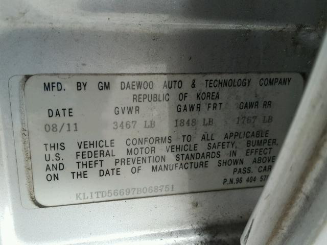 KL1TD56697B068751 - 2007 CHEVROLET AVEO BASE Gümüş foto 10