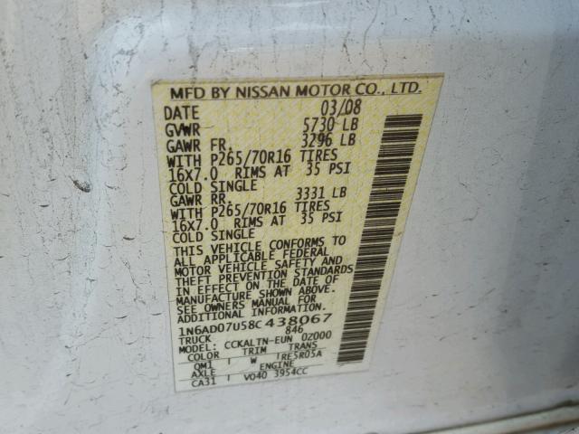 1N6AD07U58C438067 - 2008 NISSAN FRONTIER C WHITE photo 10