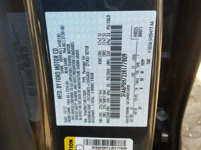 3FA6P0H72JR177809 - 2018 FORD FUSION SE GRAY photo 10