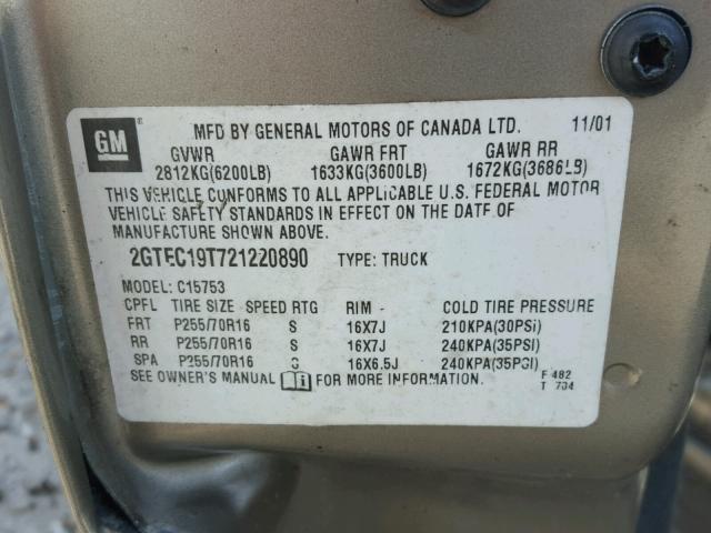 2GTEC19T721220890 - 2002 GMC NEW SIERRA TAN photo 10