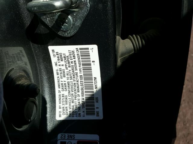 1HGFA16849L023109 - 2009 HONDA CIVIC EX 灰色 照片 10