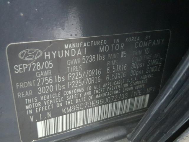 KM8SC73E96U072733 - 2006 HYUNDAI SANTA FE G BLUE photo 10