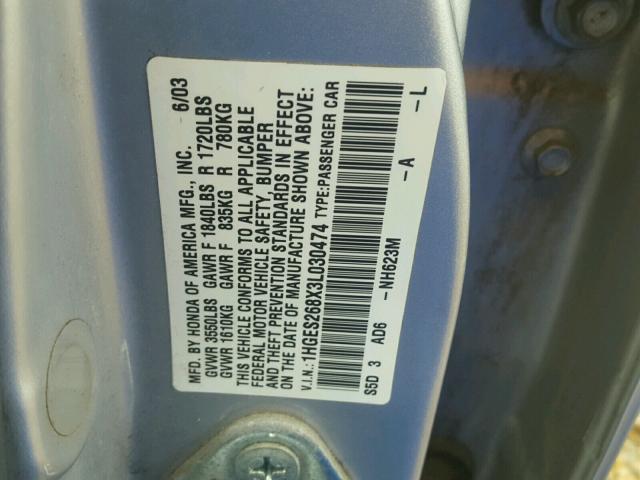 1HGES268X3L030474 - 2003 HONDA CIVIC EX ვერცხლისფერი ფოტო 10