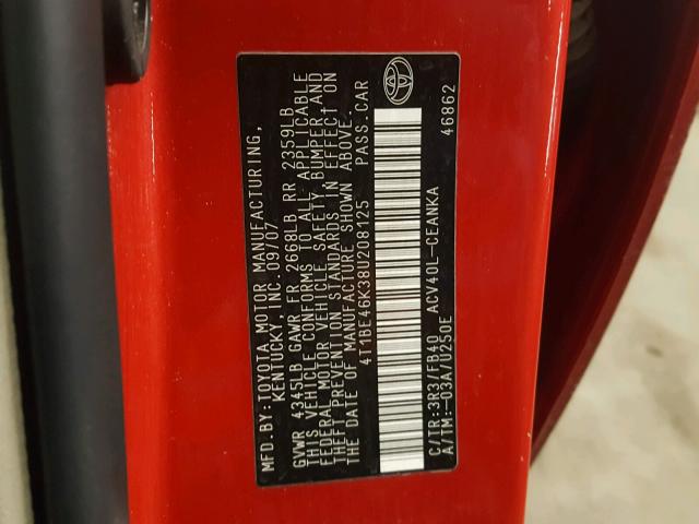 4T1BE46K38U208125 - 2008 TOYOTA CAMRY CE RED photo 10