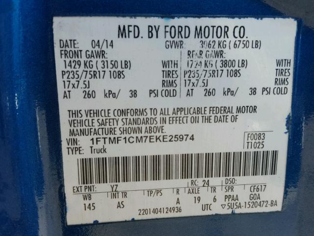 1FTMF1CM7EKE25974 - 2014 FORD F150 BLUE photo 10