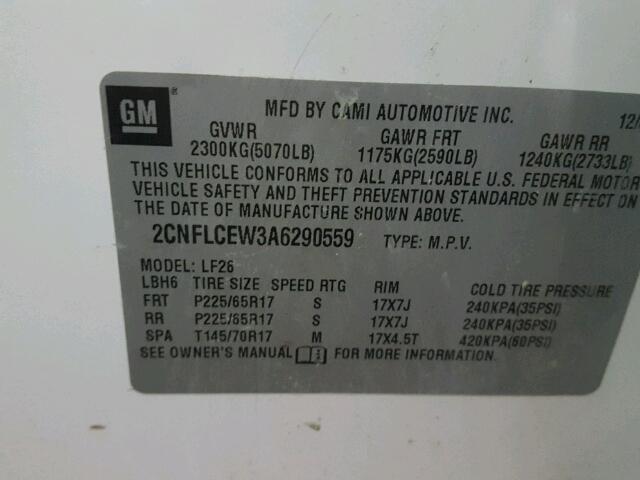 2CNFLCEW3A6290559 - 2010 CHEVROLET EQUINOX LS WHITE photo 10