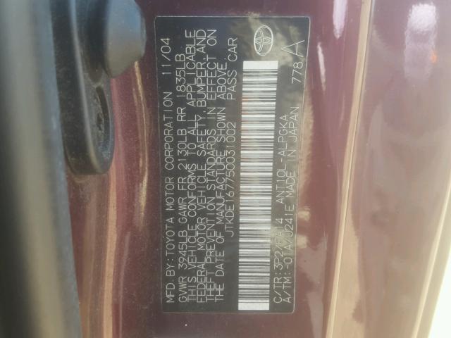 JTKDE167750031002 - 2005 TOYOTA SCION TC MAROON photo 10