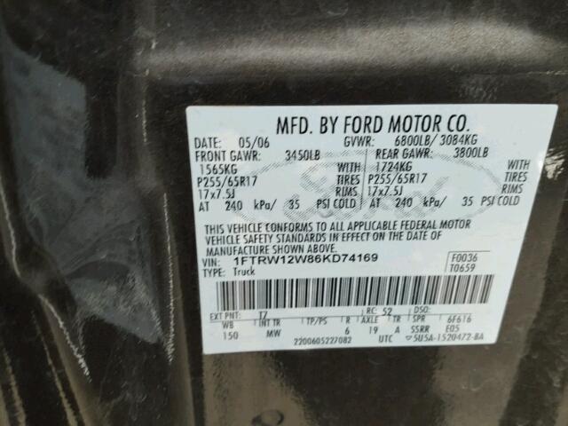 1FTRW12W86KD74169 - 2006 FORD F150 SUPER BROWN photo 10